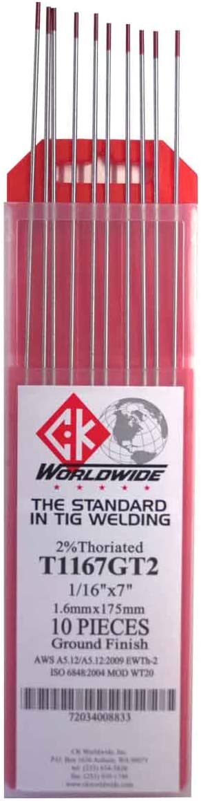 CK WORLDWIDE T1167GT2 2% Thoriated Tungsten Electrode 1/16" X 7", 10 pack
